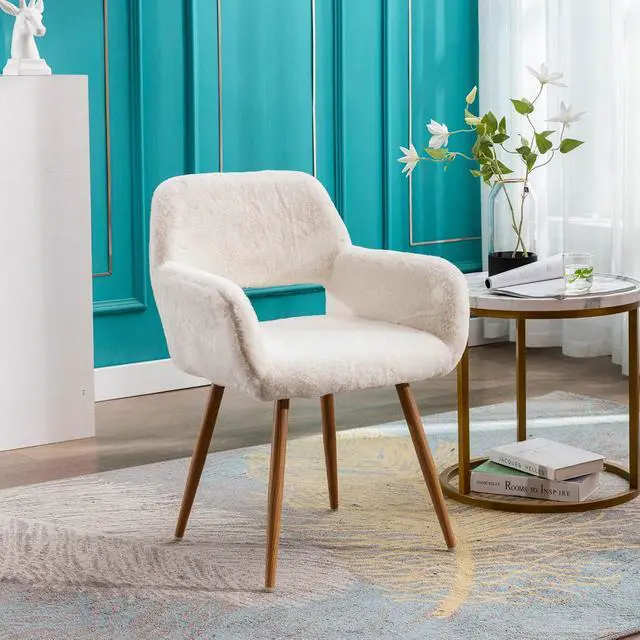 Alt view image 2 of 7 - Furry Desk Chair, Mid-Century Modern Accent Comfy Armchair with Faux Fur for Teen Girls, Wood Look Metal Legs Living Dining Room, Home Vanity Makeup Office No Wheel, White.