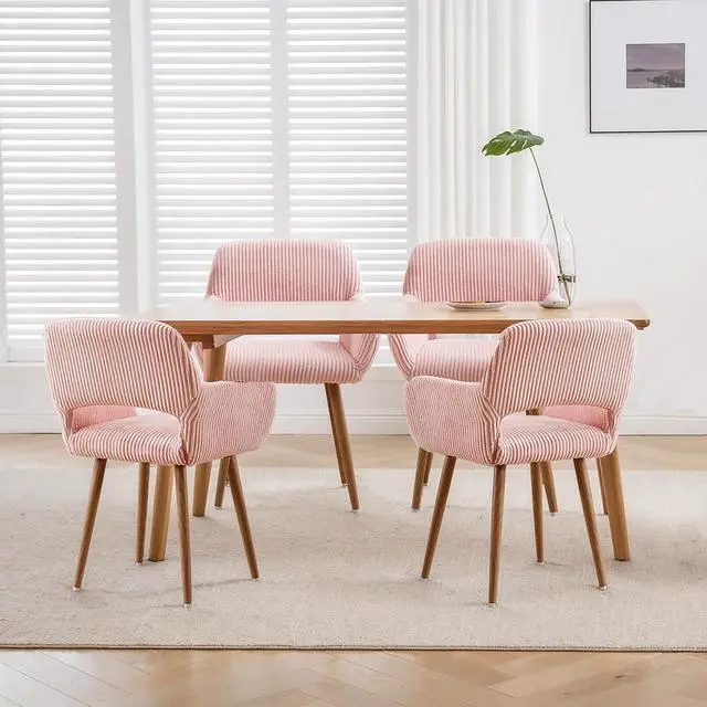 Alt view image 4 of 7 - Small Modern Dining Room Arm Chairs Set of 4, Mid-Century Upholstered Corduroy Fabric Side Seat Club Guest with Metal Tube Legs for Kitchen, Living Room, Pink