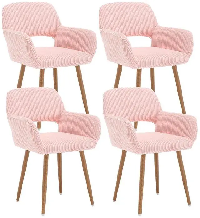 Main image of Small Modern Dining Room Arm Chairs Set of 4, Mid-Century Upholstered Corduroy Fabric Side Seat Club Guest with Metal Tube Legs for Kitchen, Living Room, Pink