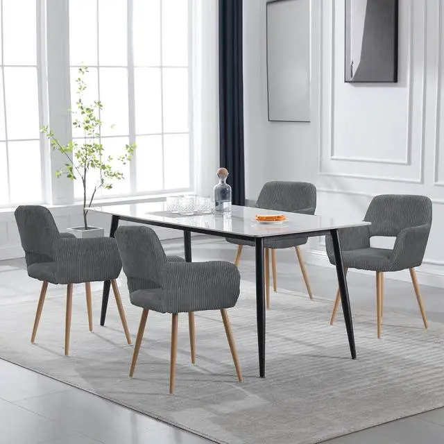 Alt view image 4 of 7 - Small Modern Dining Room Arm Chairs Set of 4, Mid-Century Upholstered Corduroy Fabric Side Seat Club Guest with Metal Tube Legs for Kitchen, Living Room, Gray