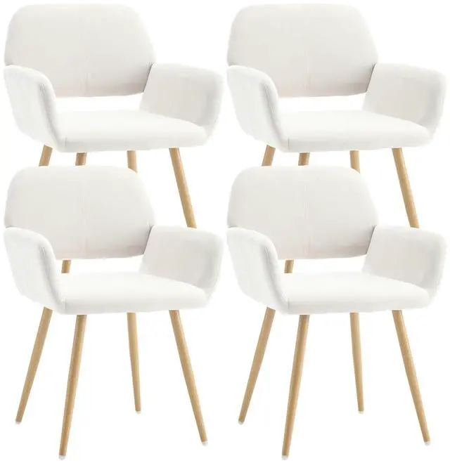 Main image of Small Modern Dining Room Arm Chairs Set of 4, Mid-Century Upholstered Velvet Side Seat Club Guest with Metal Tube Legs for Kitchen, Living Room, Beige