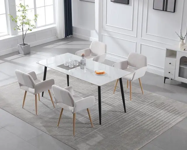 Alt view image 4 of 7 - Small Modern Dining Room Arm Chairs Set of 4, Mid-Century Upholstered Velvet Side Seat Club Guest with Metal Tube Legs for Kitchen, Living Room, Beige