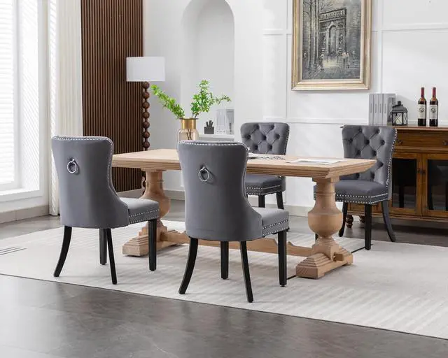 Alt view image 2 of 7 - Velvet Dining Chairs Set of 4, Upholstered High-end Tufted Dining Room Chair with Nailhead Back Ring Pull Trim Solid Wood Legs, Nikki Collection Modern Style for Kitchen, Grey
