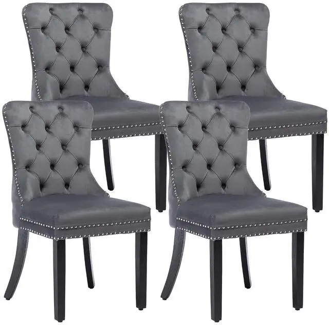 Main image of Velvet Dining Chairs Set of 4, Upholstered High-end Tufted Dining Room Chair with Nailhead Back Ring Pull Trim Solid Wood Legs, Nikki Collection Modern Style for Kitchen, Grey