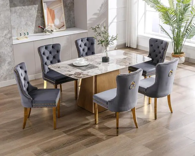 Alt view image 2 of 7 - Velvet Dining Chairs Set of 6, Upholstered High-end Tufted Dining Chair with Nailhead Back Ring Pull Trim Stainless Steel Legs, Contemporary Nikki Collection Modern Style for Kitchen, Dark Gray