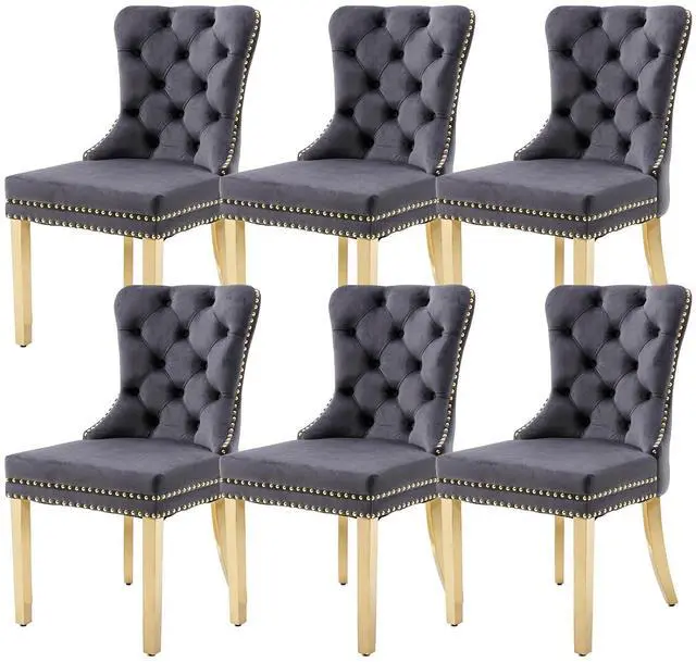Main image of Velvet Dining Chairs Set of 6, Upholstered High-end Tufted Dining Chair with Nailhead Back Ring Pull Trim Stainless Steel Legs, Contemporary Nikki Collection Modern Style for Kitchen, Dark Gray