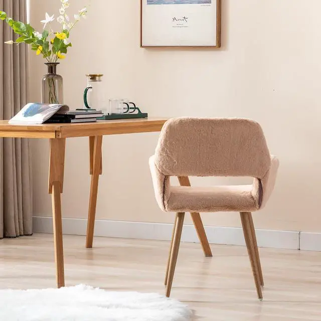 Alt view image 7 of 7 - Furry Desk Chair, Mid-Century Modern Accent Faux Fur Chair for Teen Girls, Comfy Armchair with Wood Look Metal Legs for Living Dining Room, Home Vanity Makeup Office Desk Chairs No Wheel, Camel