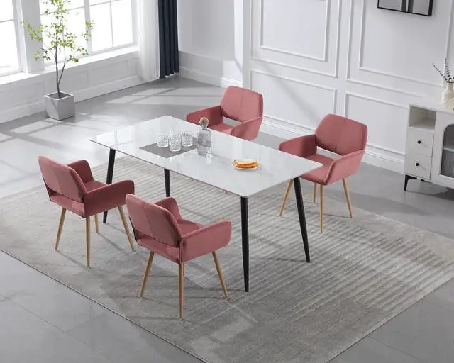 Alt view image 4 of 7 - Small Modern Dining Room Arm Chairs Set of 2, Mid-Century Upholstered Velvet Side Seat Club Guest with Metal Tube Legs for Kitchen, Living Room, Rose