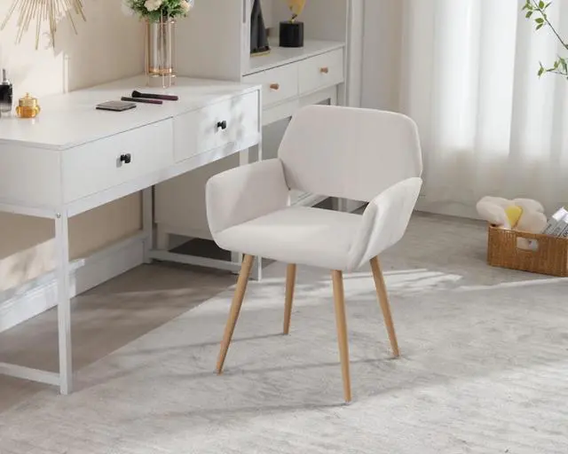 Alt view image 2 of 7 - Small Modern Dining Room Arm Chairs 1 Piece, Mid-Century Upholstered Velvet Side Seat Club Guest with Metal Tube Legs for Kitchen, Living Room, Beige