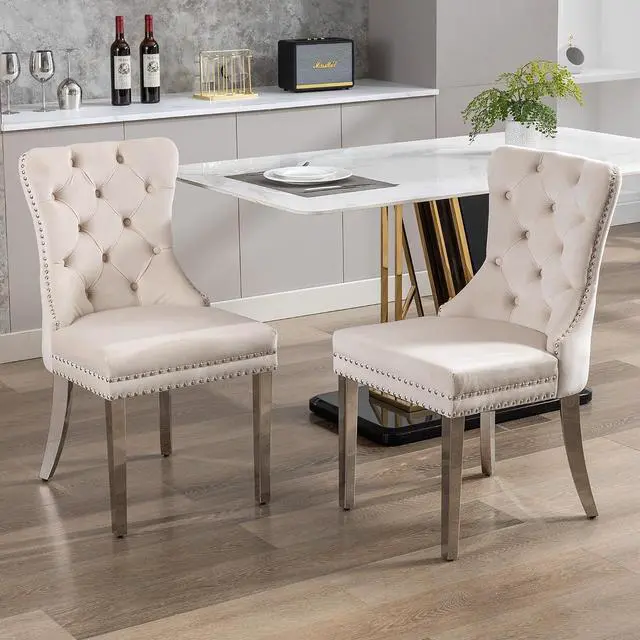 Main image of Velvet Dining Chairs Set of 2, Upholstered High-end Tufted Dining Room Chair with Nailhead Back Ring Pull Trim Stainless Steel Legs, Contemporary Nikki Collection Modern Style for Kitchen, Beige