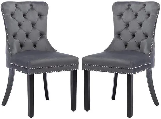 Main image of Velvet Dining Chairs Set of 2, Upholstered High-end Tufted Dining Room Chair with Nailhead Back Ring Pull Trim Solid Wood Legs, Nikki Collection Modern Style for Kitchen, Grey