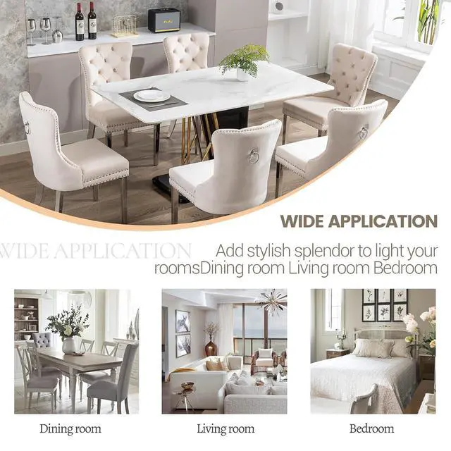 Alt view image 7 of 7 - Velvet Dining Chairs Set of 2, Upholstered High-end Tufted Dining Room Chair with Nailhead Back Ring Pull Trim Stainless Steel Legs, Contemporary Nikki Collection Modern Style for Kitchen, Beige