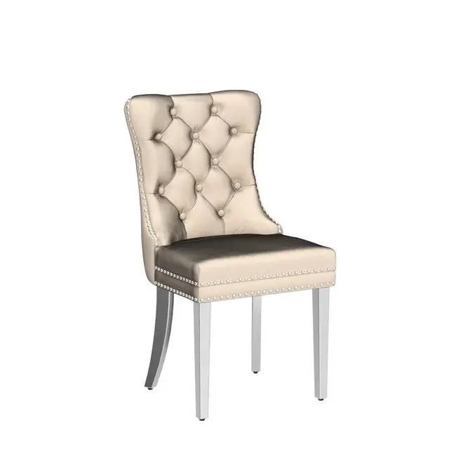 Alt view image 4 of 7 - Velvet Dining Chairs Set of 2, Upholstered High-end Tufted Dining Room Chair with Nailhead Back Ring Pull Trim Stainless Steel Legs, Contemporary Nikki Collection Modern Style for Kitchen, Beige