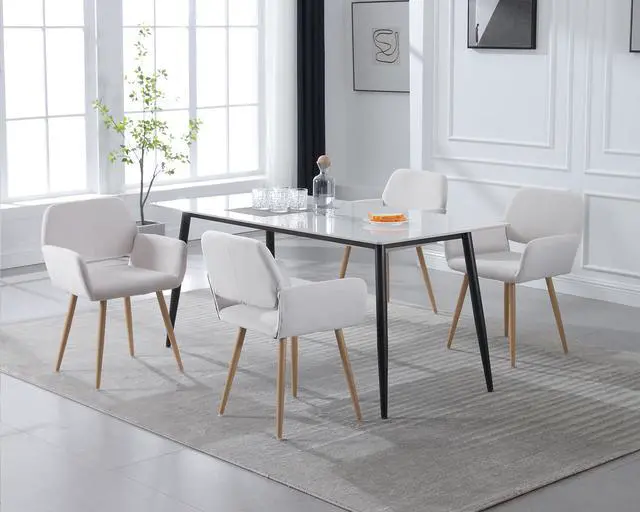 Alt view image 2 of 7 - Small Modern Dining Room Arm Chairs Set of 4, Mid-Century Upholstered Velvet Side Seat Club Guest with Metal Tube Legs for Kitchen, Living Room, Beige