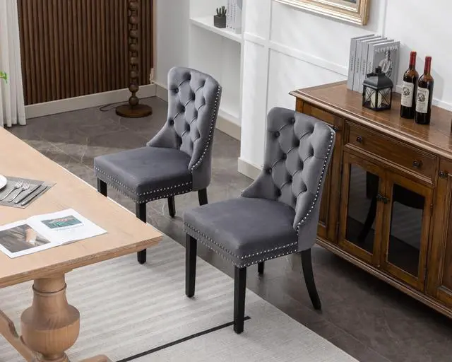 Alt view image 2 of 7 - Velvet Dining Chairs Set of 2, Upholstered High-end Tufted Dining Room Chair with Nailhead Back Ring Pull Trim Solid Wood Legs, Nikki Collection Modern Style for Kitchen, Grey
