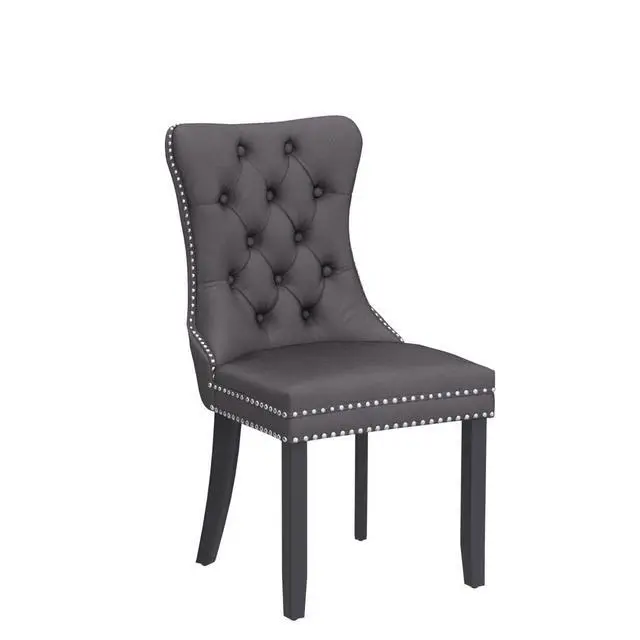 Alt view image 5 of 7 - Velvet Dining Chairs Set of 2, Upholstered High-end Tufted Dining Room Chair with Nailhead Back Ring Pull Trim Solid Wood Legs, Nikki Collection Modern Style for Kitchen, Grey