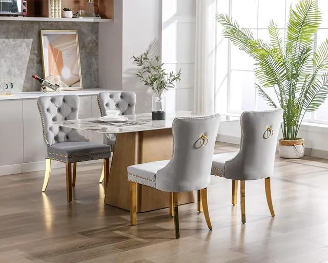 Alt view image 2 of 7 - Velvet Dining Chairs Set of 4, Upholstered High-end Tufted Dining Chair with Nailhead Back Ring Pull Trim Stainless Steel Legs, Contemporary Nikki Collection Modern Style for Kitchen, Light Gray