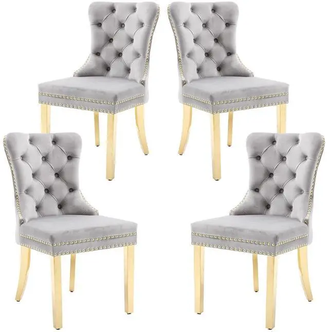 Main image of Velvet Dining Chairs Set of 4, Upholstered High-end Tufted Dining Chair with Nailhead Back Ring Pull Trim Stainless Steel Legs, Contemporary Nikki Collection Modern Style for Kitchen, Light Gray