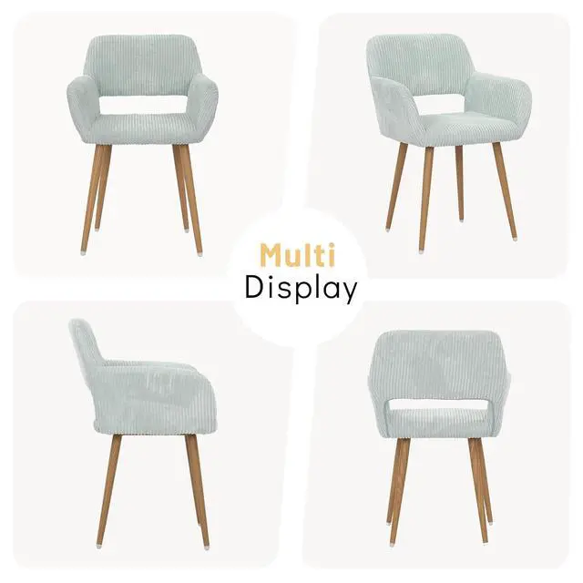 Alt view image 7 of 7 - Small Modern Dining Room Arm Chairs Set of 2, Mid-Century Upholstered Corduroy Fabric Side Seat Club Guest with Metal Tube Legs for Kitchen, Living Room, Blue