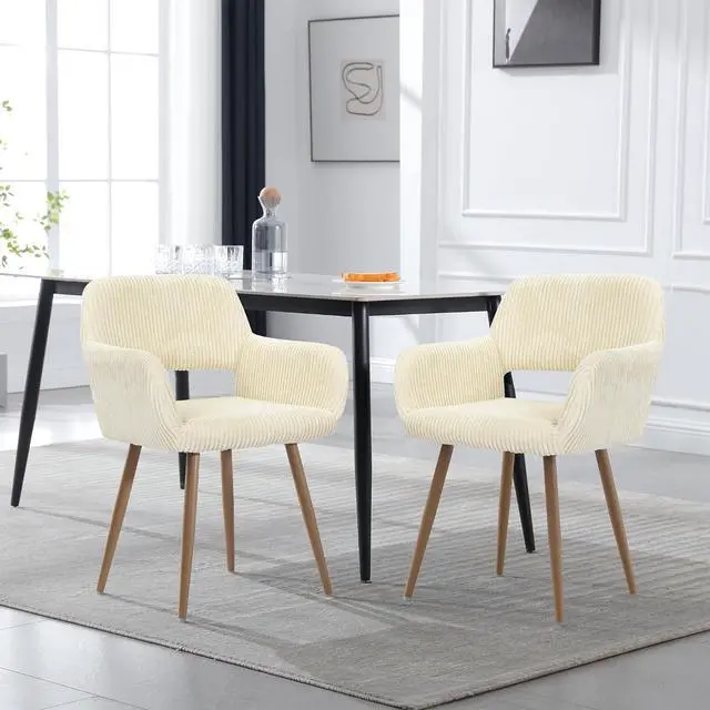 Alt view image 2 of 7 - Small Modern Dining Room Arm Chairs Set of 4, Mid-Century Upholstered Corduroy Fabric Side Seat Club Guest with Metal Tube Legs for Kitchen, Living Room, Beige