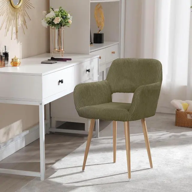Alt view image 2 of 7 - Small Modern Dining Room Arm Chairs 1 Piece, Mid-Century Upholstered Corduroy Fabric Side Seat Club Guest with Metal Tube Legs for Kitchen, Living Room, Green