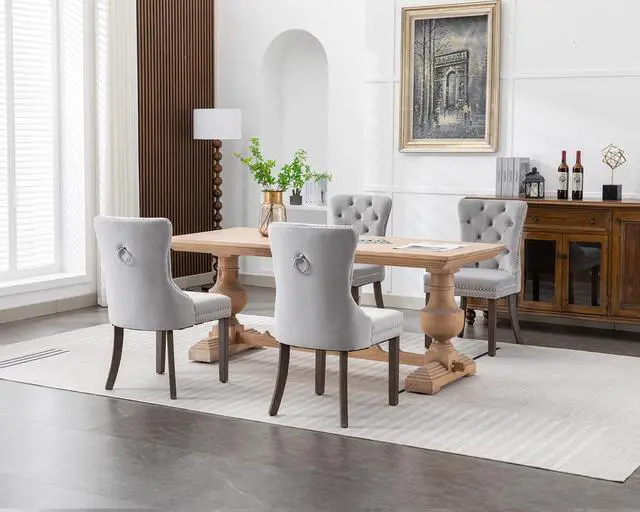Alt view image 2 of 7 - Velvet Dining Chairs Set of 4, Upholstered High-end Tufted Dining Room Chair with Nailhead Back Ring Pull Trim Solid Wood Legs, Nikki Collection Modern Style for Kitchen, Light Grey