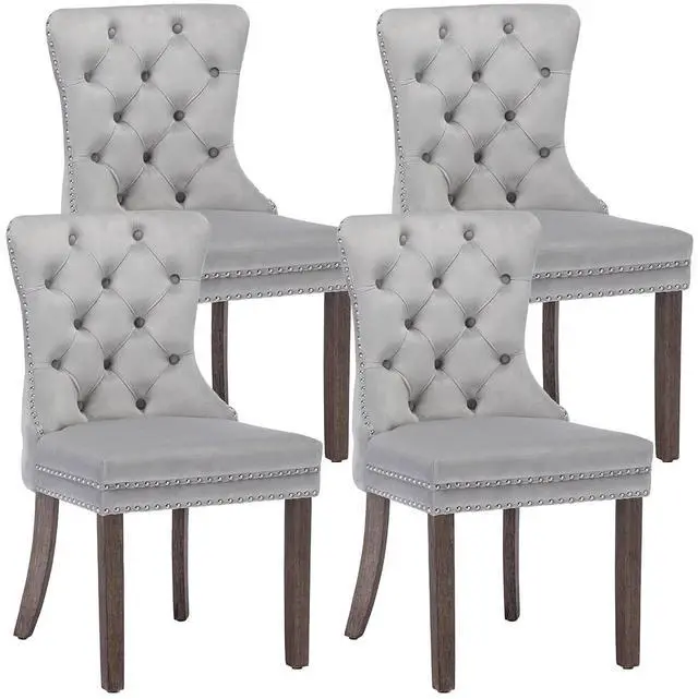 Main image of Velvet Dining Chairs Set of 4, Upholstered High-end Tufted Dining Room Chair with Nailhead Back Ring Pull Trim Solid Wood Legs, Nikki Collection Modern Style for Kitchen, Light Grey
