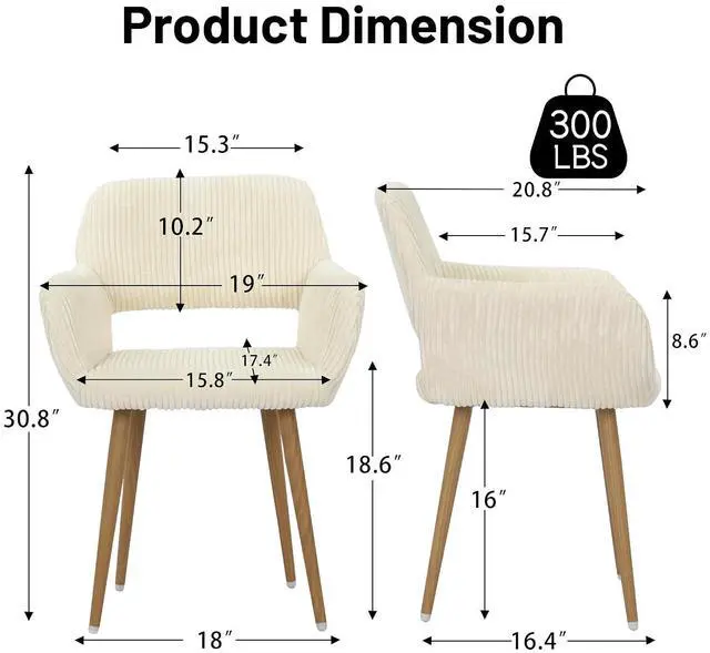 Alt view image 3 of 7 - Small Modern Dining Room Arm Chairs Set of 4, Mid-Century Upholstered Corduroy Fabric Side Seat Club Guest with Metal Tube Legs for Kitchen, Living Room, Beige