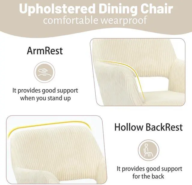 Alt view image 5 of 7 - Small Modern Dining Room Arm Chairs Set of 4, Mid-Century Upholstered Corduroy Fabric Side Seat Club Guest with Metal Tube Legs for Kitchen, Living Room, Beige