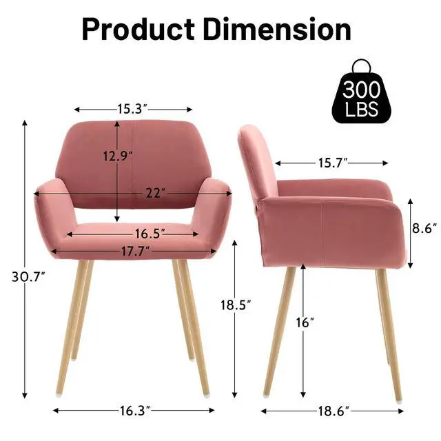 Alt view image 3 of 7 - Small Modern Dining Room Arm Chairs 1 Piece, Mid-Century Upholstered Velvet Side Seat Club Guest with Metal Tube Legs for Kitchen, Living Room, Rose