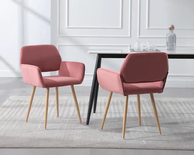 Alt view image 4 of 7 - Small Modern Dining Room Arm Chairs 1 Piece, Mid-Century Upholstered Velvet Side Seat Club Guest with Metal Tube Legs for Kitchen, Living Room, Rose