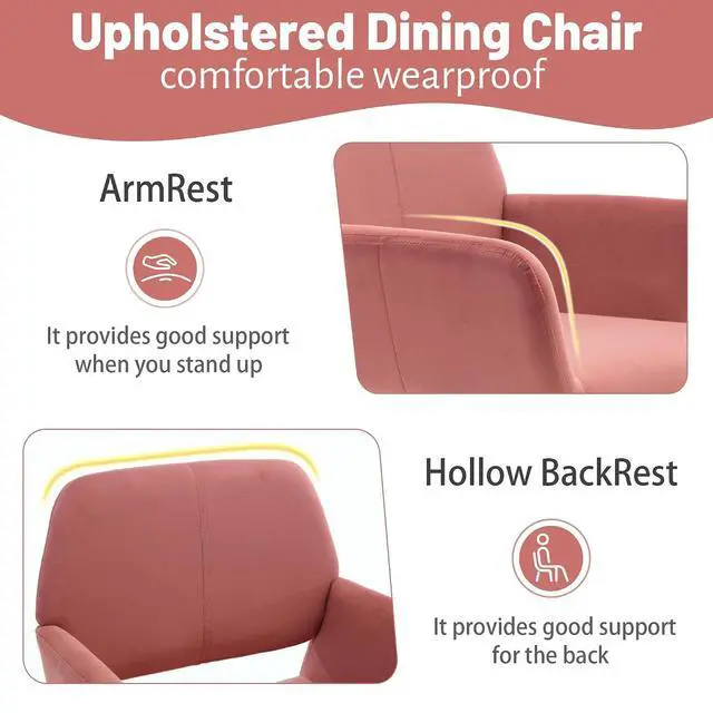 Alt view image 5 of 7 - Small Modern Dining Room Arm Chairs 1 Piece, Mid-Century Upholstered Velvet Side Seat Club Guest with Metal Tube Legs for Kitchen, Living Room, Rose
