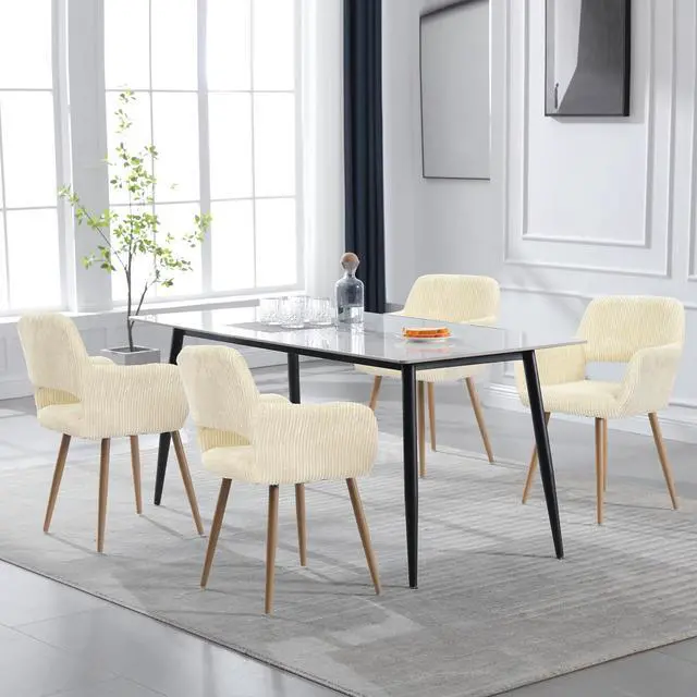 Alt view image 4 of 7 - Small Modern Dining Room Arm Chairs Set of 4, Mid-Century Upholstered Corduroy Fabric Side Seat Club Guest with Metal Tube Legs for Kitchen, Living Room, Beige