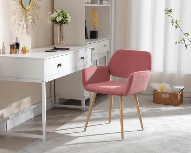 Alt view image 2 of 7 - Small Modern Dining Room Arm Chairs 1 Piece, Mid-Century Upholstered Velvet Side Seat Club Guest with Metal Tube Legs for Kitchen, Living Room, Rose