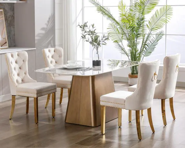 Alt view image 2 of 7 - Velvet Dining Chairs Set of 4, Upholstered High-end Tufted Dining Chair with Nailhead Back Ring Pull Trim Stainless Steel Legs, Contemporary Nikki Collection Modern Style for Kitchen, Beige