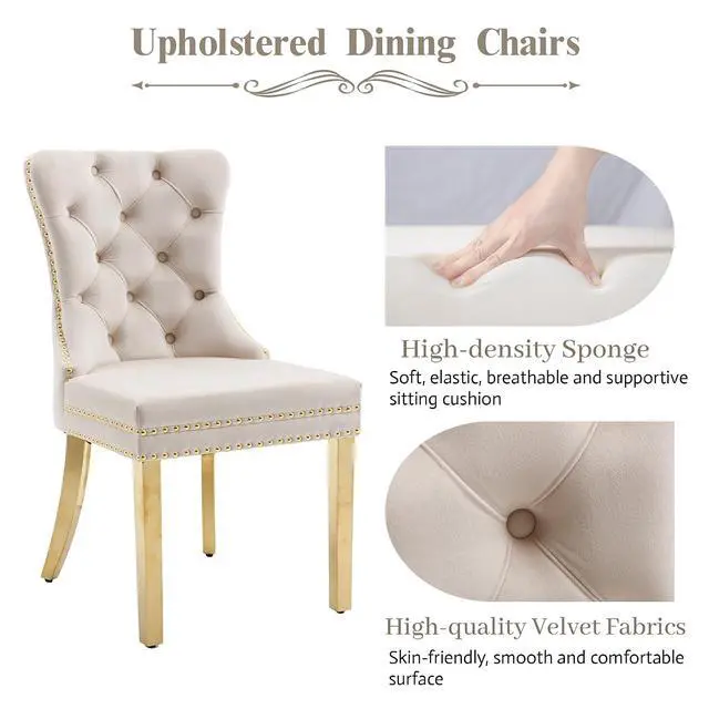 Alt view image 4 of 7 - Velvet Dining Chairs Set of 6, Upholstered High-end Tufted Dining Chair with Nailhead Back Ring Pull Trim Stainless Steel Legs, Contemporary Nikki Collection Modern Style for Kitchen, Beige