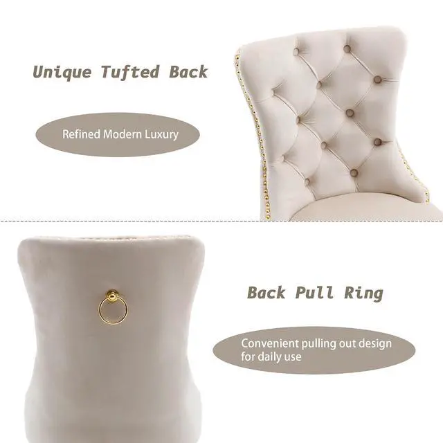 Alt view image 5 of 7 - Velvet Dining Chairs Set of 6, Upholstered High-end Tufted Dining Chair with Nailhead Back Ring Pull Trim Stainless Steel Legs, Contemporary Nikki Collection Modern Style for Kitchen, Beige