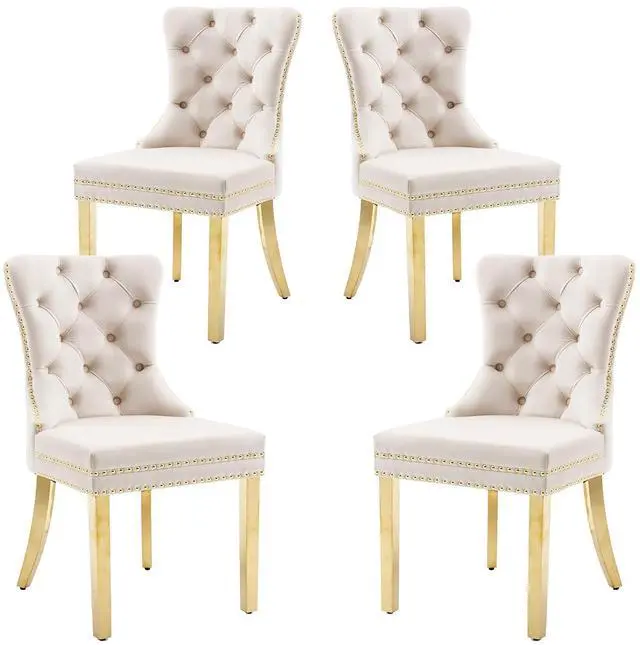 Main image of Velvet Dining Chairs Set of 4, Upholstered High-end Tufted Dining Chair with Nailhead Back Ring Pull Trim Stainless Steel Legs, Contemporary Nikki Collection Modern Style for Kitchen, Beige