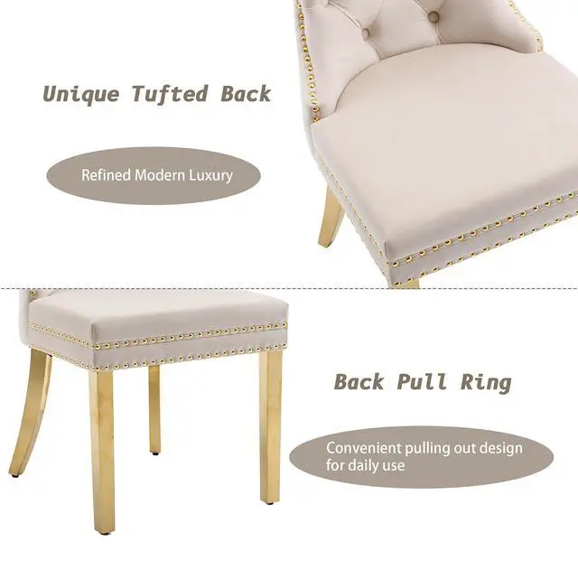 Alt view image 6 of 7 - Velvet Dining Chairs Set of 6, Upholstered High-end Tufted Dining Chair with Nailhead Back Ring Pull Trim Stainless Steel Legs, Contemporary Nikki Collection Modern Style for Kitchen, Beige