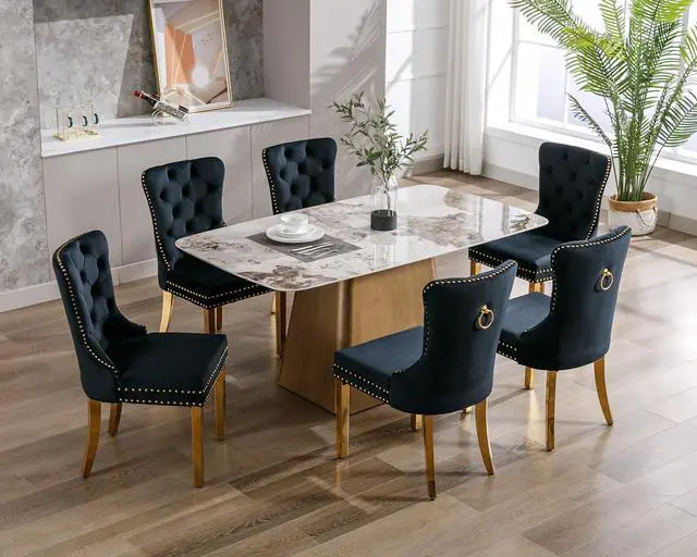 Alt view image 2 of 7 - Velvet Dining Chairs Set of 6, Upholstered High-end Tufted Dining Chair with Nailhead Back Ring Pull Trim Stainless Steel Legs, Contemporary Nikki Collection Modern Style for Kitchen, Black
