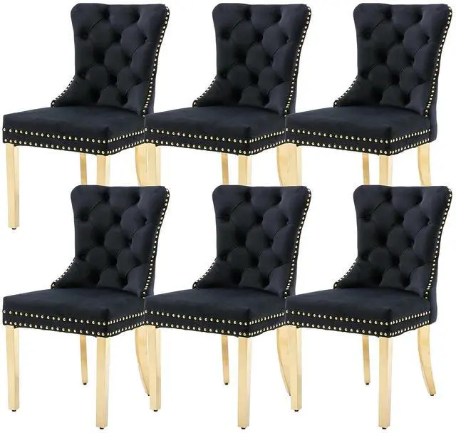 Main image of Velvet Dining Chairs Set of 6, Upholstered High-end Tufted Dining Chair with Nailhead Back Ring Pull Trim Stainless Steel Legs, Contemporary Nikki Collection Modern Style for Kitchen, Black