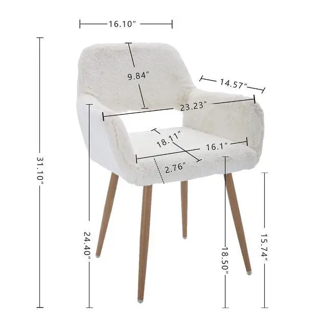 Alt view image 3 of 7 - Furry Desk Chair, Mid-Century Modern Accent Comfy Armchair with Faux Fur for Teen Girls, Wood Look Metal Legs Living Dining Room, Home Vanity Makeup Office No Wheel, White.