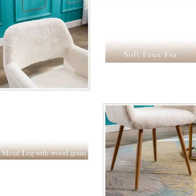 Alt view image 4 of 7 - Furry Desk Chair, Mid-Century Modern Accent Comfy Armchair with Faux Fur for Teen Girls, Wood Look Metal Legs Living Dining Room, Home Vanity Makeup Office No Wheel, White.