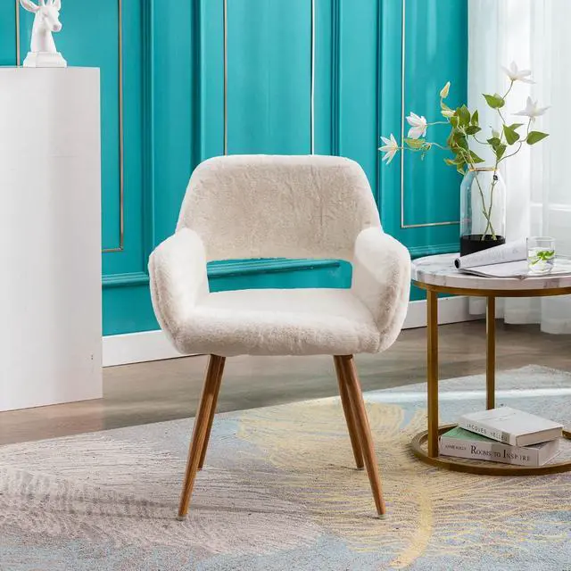 Alt view image 5 of 7 - Furry Desk Chair, Mid-Century Modern Accent Comfy Armchair with Faux Fur for Teen Girls, Wood Look Metal Legs Living Dining Room, Home Vanity Makeup Office No Wheel, White.