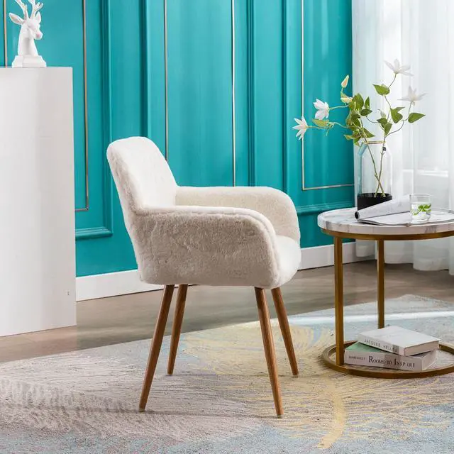 Alt view image 7 of 7 - Furry Desk Chair, Mid-Century Modern Accent Comfy Armchair with Faux Fur for Teen Girls, Wood Look Metal Legs Living Dining Room, Home Vanity Makeup Office No Wheel, White.