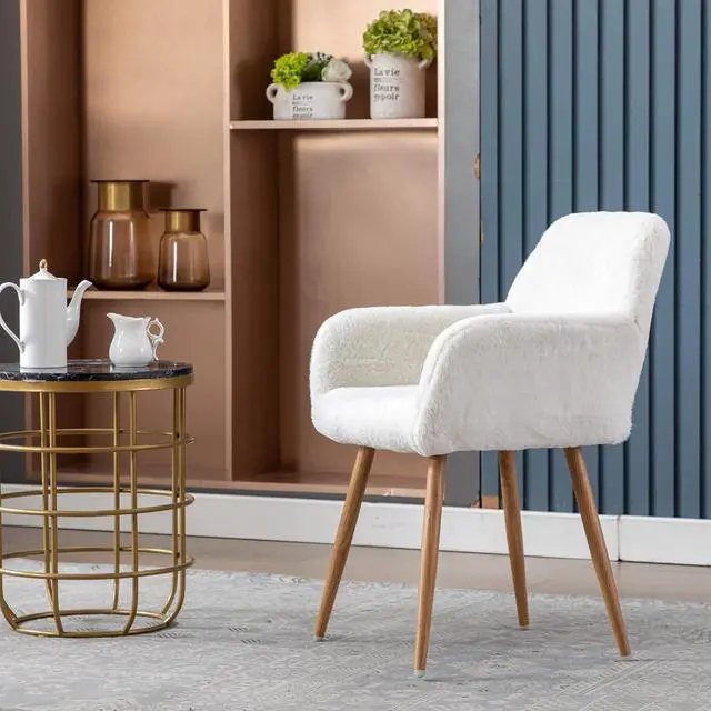 Alt view image 2 of 7 - Furry Desk Chair Set of 2, Mid-Century Modern Accent Faux Fur Chair for Teen Girls, Comfy Armchair with Wood Look Metal Legs for Living Dining Room, Home Vanity Makeup Office Desk Chair No Wheel,White