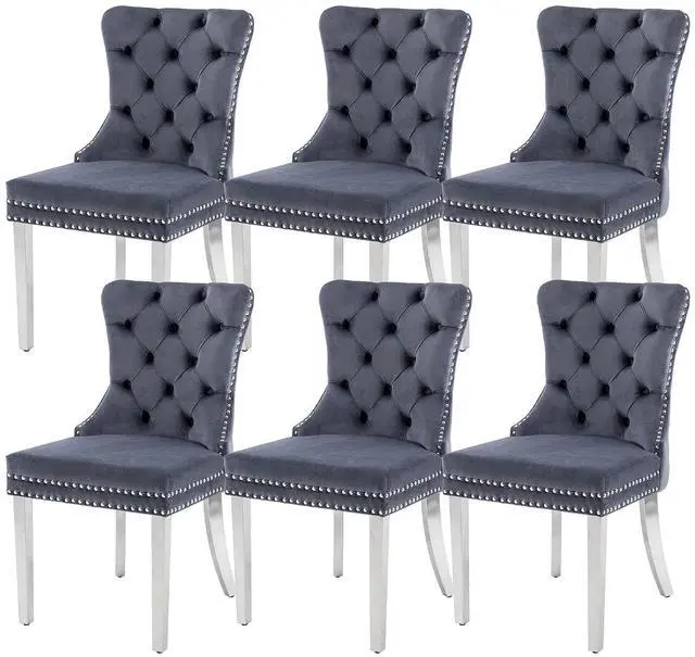 Main image of Velvet Dining Chairs Set of 6, Upholstered High-end Tufted Dining Room Chair with Nailhead Back Ring Pull Trim Stainless Steel Legs, Contemporary Nikki Collection Modern Style for Kitchen, Gray
