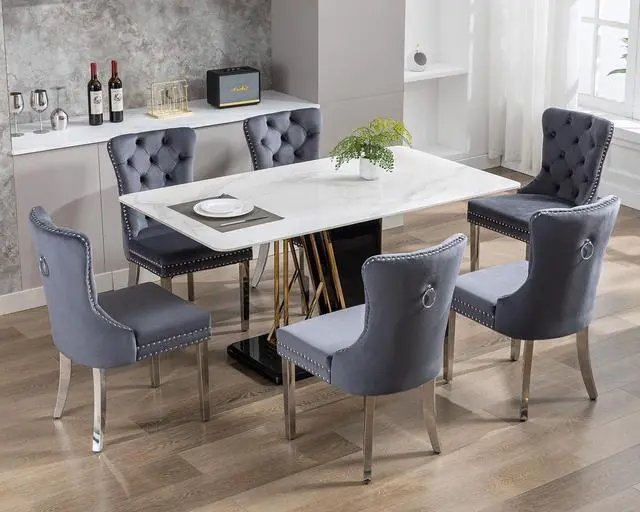 Alt view image 2 of 7 - Velvet Dining Chairs Set of 6, Upholstered High-end Tufted Dining Room Chair with Nailhead Back Ring Pull Trim Stainless Steel Legs, Contemporary Nikki Collection Modern Style for Kitchen, Gray