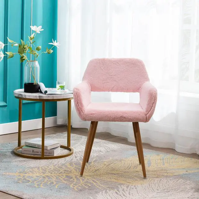 Alt view image 2 of 7 - Furry Desk Chair Set of 2, Mid-Century Modern Accent Faux Fur Chair for Teen Girls, Comfy Armchair with Wood Look Metal Legs for Living Room, Home Vanity Makeup Office Desk Chairs No Wheel, Pink