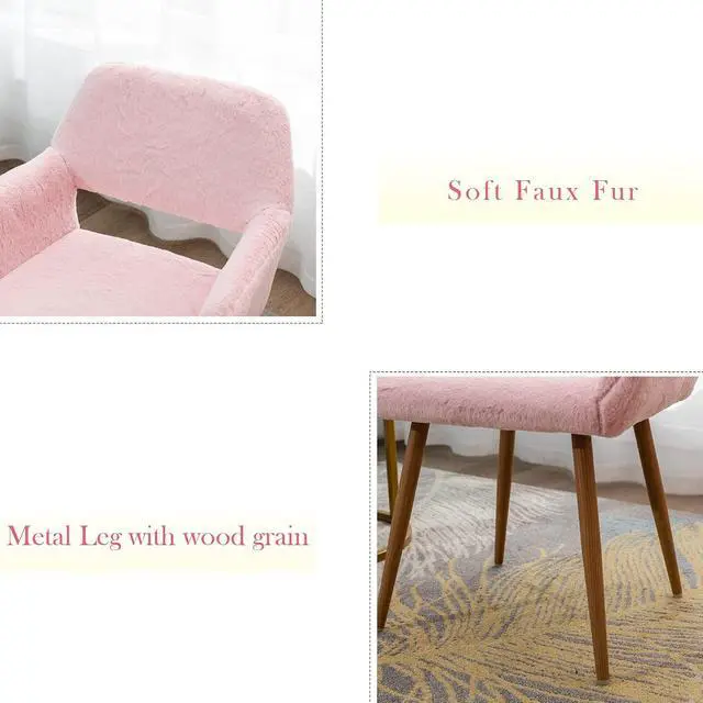 Alt view image 4 of 7 - Furry Desk Chair Set of 2, Mid-Century Modern Accent Faux Fur Chair for Teen Girls, Comfy Armchair with Wood Look Metal Legs for Living Room, Home Vanity Makeup Office Desk Chairs No Wheel, Pink
